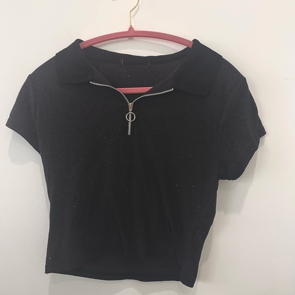 Black Zipper Polo Crop Top